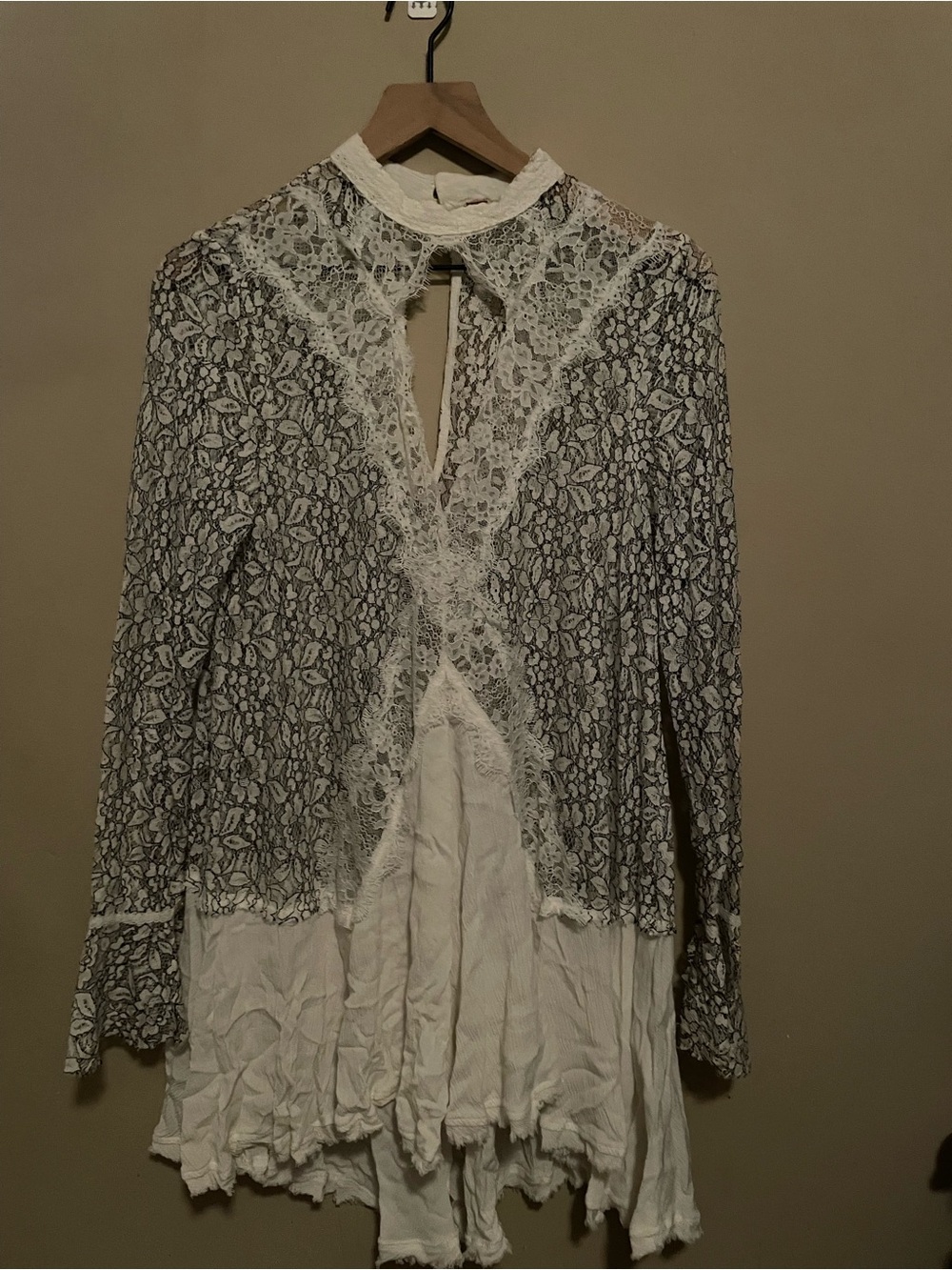 Free People White and Charcoal Lace Floral High-Neck Top